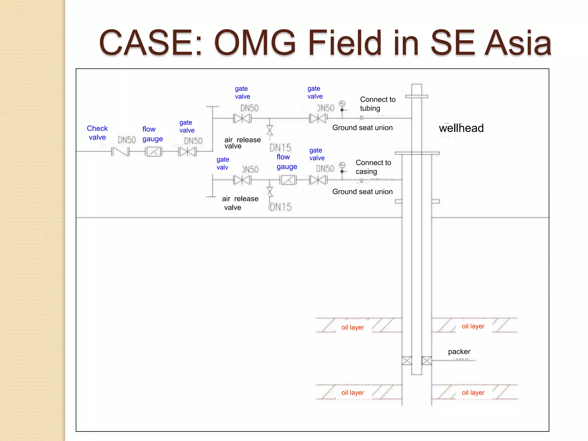 Check
valve
flow
gauge
gate
valve
gate
valve
flow
gauge
gate
valve
gate
valve
gate
valve
packer
air release
valve
wellhead
air release
valve
Ground seat union
Ground seat union
Connect to
tubing
Connect to
casing
oil layer oil layer
oil layeroil layer
CASE: OMG Field in SE Asia
 