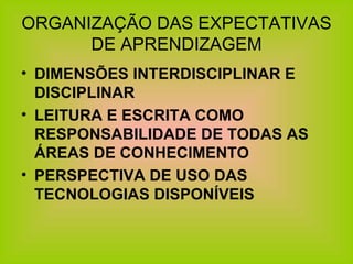 ORGANIZAÇÃO DAS EXPECTATIVAS DE APRENDIZAGEM DIMENSÕES INTERDISCIPLINAR E DISCIPLINAR LEITURA E ESCRITA COMO RESPONSABILIDADE DE TODAS AS ÁREAS DE CONHECIMENTO PERSPECTIVA DE USO DAS TECNOLOGIAS DISPONÍVEIS 