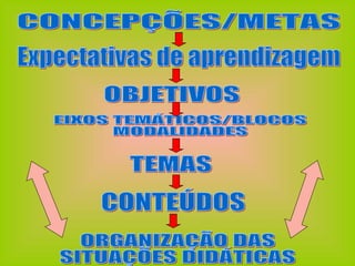 Expectativas de aprendizagem OBJETIVOS EIXOS TEMÁTICOS/BLOCOS MODALIDADES TEMAS CONTEÚDOS CONCEPÇÕES/METAS ORGANIZAÇÃO DAS  SITUAÇÕES DIDÁTICAS 