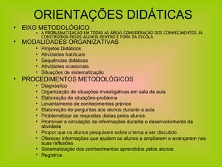 ORIENTAÇÕES DIDÁTICAS EIXO METODOLÓGICO A PROBLEMATIZAÇÃO EM TODAS AS ÁREAS CONSIDERAÇÃO DOS CONHECIMENTOS JÁ CONSTRUÍDOS PELOS ALUNOS DENTRO E FORA DA ESCOLA  MODALIDADES ORGANIZATIVAS Projetos Didáticos Atividades habituais Sequências didáticas Atividades ocasionais Situações de sistematização PROCEDIMENTOS METODOLÓGICOS Diagnóstico Organização de situações investigativas em sala de aula Elaboração de situações-problema Levantamento de conhecimentos prévios Elaboração de perguntas aos alunos durante a aula Problematizar as respostas dadas pelos alunos Promover a circulação de informações durante o desenvolvimento da atividade Propor que os alunos pesquisem sobre o tema a ser discutido Oferecer informações que ajudem os alunos a ampliarem e avançarem nas suas reflexões Sistematização dos conhecimentos aprendidos pelos alunos Registros 