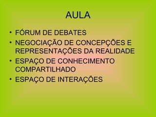 AULA FÓRUM DE DEBATES NEGOCIAÇÃO DE CONCEPÇÕES E REPRESENTAÇÕES DA REALIDADE ESPAÇO DE CONHECIMENTO COMPARTILHADO ESPAÇO DE INTERAÇÕES 