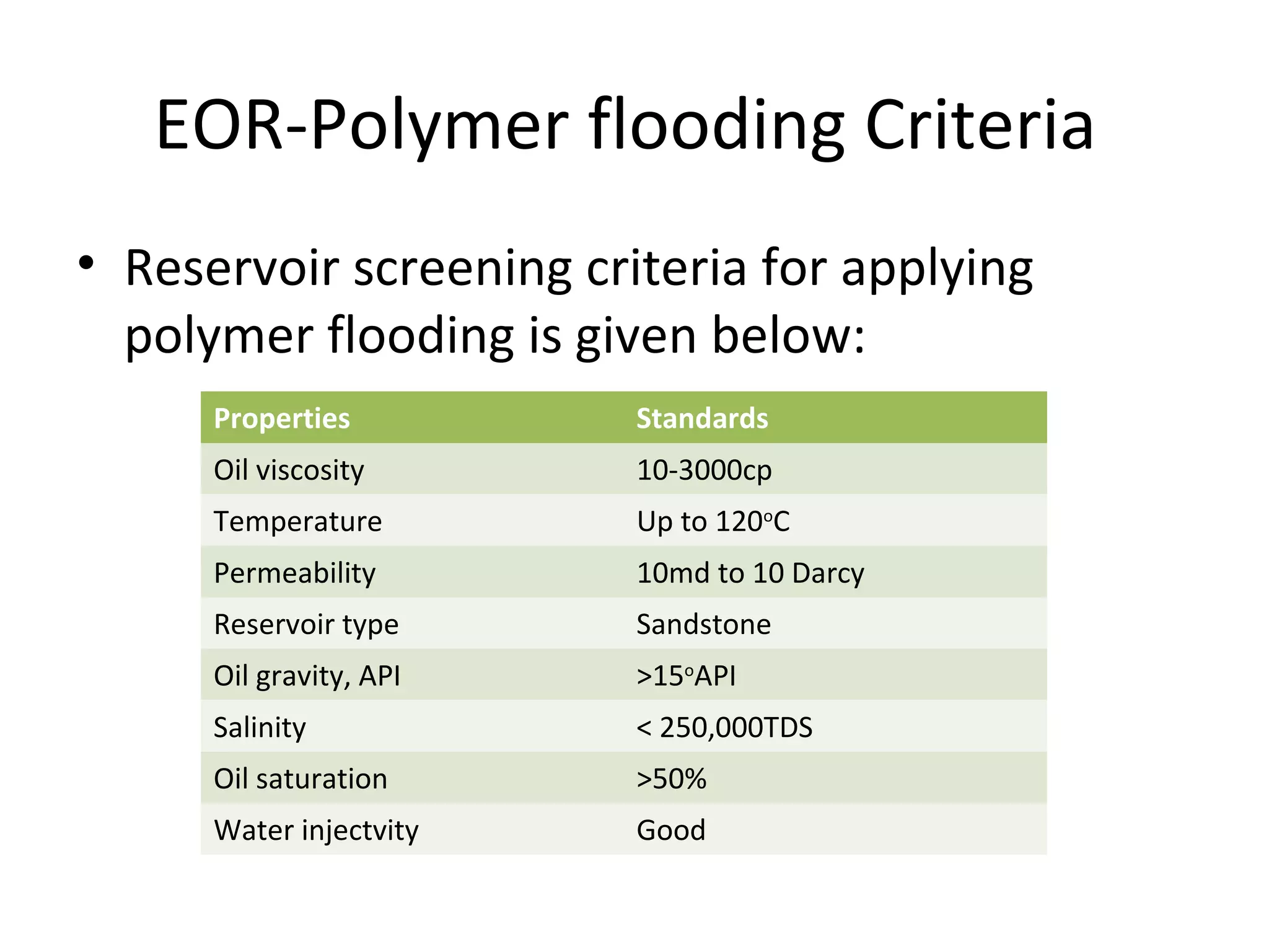 EOR-polymer flooding-selection
• For applying polymer flooding, the selection
rules are:
– Find reservoirs with high mobility ratio and poor
volumetric sweep efficiency
– Define if the properties of reservoir meet the
screening criteria for polymer flooding.
 