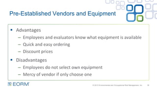 Pre-Established Vendors and Equipment
35
 Advantages
– Employees and evaluators know what equipment is available
– Quick and easy ordering
– Discount prices
 Disadvantages
– Employees do not select own equipment
– Mercy of vendor if only choose one
© 2013 Environmental and Occupational Risk Management, Inc.
 
