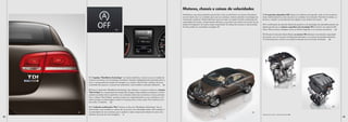Motores, chassis e caixas de velocidades
                                                                                                        Pretendemos que cada quilómetro percorrido no Eos se transforme num prazer. Ele próprio       01 A suspensão adaptativa DCC ajusta, em milésimos de segundo, cada um dos amortece-
                                                                                                        encerra dentro de si as condições para que isso aconteça: motores potentes e tecnologias de   dores individualmente ao tipo de piso e às condições de circulação. Premindo um botão, ca-
                                                                                                        transmissão modernas. Poderá desfrutar assim em todos os trajectos da feliz combinação de     be-lhe a si decidir as características de rigidez ou de conforto do chassis. | SO
                                                                                                        capacidade de tracção, comportamento dinâmico e economia que resulta num prazer de con-
                                                                                                        dução intransigente e ao mesmo tempo responsável. Os valores do consumo e das emissões        02 A combinação da injecção directa de gasolina e da tecnologia de sobrealimentação inte-
                                                                                                        de CO2 podem ser consultados na página 45.                                                    ligente permite que os motores a gasolina com tecnologia TSI funcionem com especial efici-
                                         02                                                                                                                                                           ência. Aliam-se assim vantagens como um binário fulgoroso e um consumo económico. | SO

                                                                                                                                                                                                      03 Através da injecção directa Diesel, os motores TDI oferecem uma elevada capacidade
                                                                                                                                                                                                      de tracção, com um consumo simultaneamente baixo e um mínimo de emissões poluentes.
                                                                                                                                                                                                      O turbocompressor concilia uma potência elevada com uma baixa cilindrada. | SO




                                                                                            03




          01 O logotipo “BlueMotion Technology” na traseira identifica o veículo como um modelo de
          consumo económico com tecnologias inovadoras. Soluções inteligentemente ajustadas entre si,
          como a recuperação da energia de travagem ou o sistema “Start & Stop” reduzem de forma
          sustentada não apenas o consumo de combustível, como também a poluição ambiental. | SO                                                                                                                                                             02
          02 Entre os elementos “BlueMotion Technology” que reduzem o consumo contam-se o sistema
          “Start & Stop” e a recuperação da energia de travagem. Estas medidas inovadoras e criterio-
          samente ajustadas entre si permitem uma condução ainda mais económica e menos poluente.
          Com o sistema “Start & Stop”, quando se pára num engarrafamento ou num semáforo, é sufi-
          ciente carregar na embraiagem e retirar a mudança para o motor parar. Para continuar, bas-
          tará voltar a embraiar. | SO

          03 O indicador multifunções “Plus” fornece no Eos com “BlueMotion Technology” não só                                                                                                                                                                                           03
          informações, como também os valores dos consumos e da velocidade média. Inclui também a
     01   recomendação de uma mudança que o ajudará a optar sempre pela relação de caixa mais                                                                                             01
          eficiente, do ponto de vista energético. | S                                                                                                                                                Equipamento de série | S   Equipamento opcional | SO
42                                                                                                                                                                                                                                                                                                 43
 