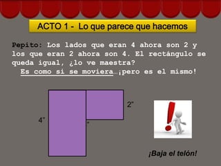 ACTO 1 - Lo que parece que hacemos

Pepito: Los lados que eran 4 ahora son 2 y
los que eran 2 ahora son 4. El rectángulo se
queda igual, ¿lo ve maestra?
  Es como si se moviera…¡pero es el mismo!



                          2”

      4”
                4”


                               ¡Baja el telón!
 