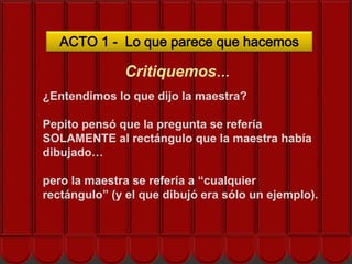 ACTO 1 - Lo que parece que hacemos

              Critiquemos…
¿Entendimos lo que dijo la maestra?

Pepito pensó que la pregunta se refería
      ¿Cómo rectángulo queel maestra había
SOLAMENTE al
               nos ayuda la EOS?
dibujado…

pero la maestra se refería a “cualquier
rectángulo” (y el que dibujó era sólo un ejemplo).
 