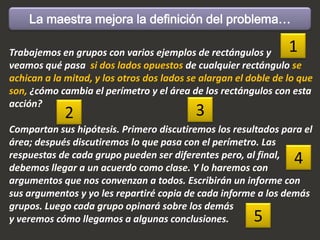 La maestra mejora la definición del problema…

Trabajemos en grupos con varios ejemplos de rectángulos y        1
veamos qué pasa si dos lados opuestos de cualquier rectángulo se
achican a la mitad, y los otros dos lados se alargan el doble de lo que
son, ¿cómo cambia el perímetro y el área de los rectángulos con esta
acción?
             2                             3
Compartan sus hipótesis. Primero discutiremos los resultados para el
área; después discutiremos lo que pasa con el perímetro. Las
respuestas de cada grupo pueden ser diferentes pero, al final,
debemos llegar a un acuerdo como clase. Y lo haremos con
                                                                  4
argumentos que nos convenzan a todos. Escribirán un informe con
sus argumentos y yo les repartiré copia de cada informe a los demás
grupos. Luego cada grupo opinará sobre los demás
y veremos cómo llegamos a algunas conclusiones.          5
 