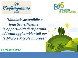 19 maggio 2013
"Mobilità sostenibile e
logistica efficiente:
le opportunità di risparmio
ed i vantaggi ambientali per
le Micro e Piccole Imprese"
 