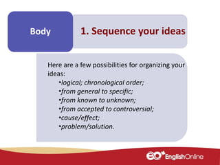 Make some
notes
Body 1. Sequence your ideas
Here are a few possibilities for organizing your
ideas:
•logical; chronological order;
•from general to specific;
•from known to unknown;
•from accepted to controversial;
•cause/effect;
•problem/solution.
 