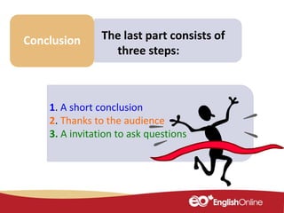 Make some
notes
Conclusion The last part consists of
three steps:
1. A short conclusion
2. Thanks to the audience
3. A invitation to ask questions
 