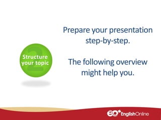 Structure
your topic
Prepare your presentation
step-by-step.
The following overview
might help you.
 