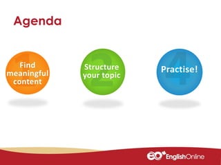 Find
meaningful
content
Structure
your topic
Practise!
Agenda
 