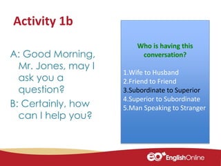 Activity 1b
A: Good Morning,
Mr. Jones, may I
ask you a
question?
B: Certainly, how
can I help you?
Who is having this
conversation?
1.Wife to Husband
2.Friend to Friend
3.Subordinate to Superior
4.Superior to Subordinate
5.Man Speaking to Stranger
 