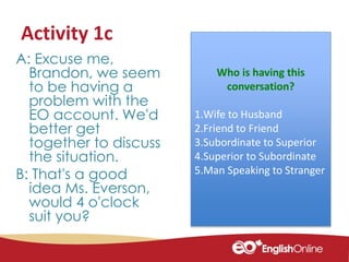 Activity 1c
A: Excuse me,
Brandon, we seem
to be having a
problem with the
EO account. We'd
better get
together to discuss
the situation.
B: That's a good
idea Ms. Everson,
would 4 o'clock
suit you?
Who is having this
conversation?
1.Wife to Husband
2.Friend to Friend
3.Subordinate to Superior
4.Superior to Subordinate
5.Man Speaking to Stranger
 