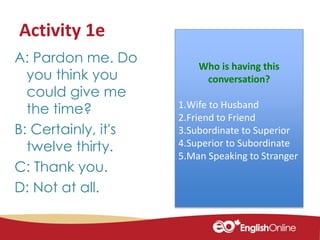 Activity 1e
A: Pardon me. Do
you think you
could give me
the time?
B: Certainly, it's
twelve thirty.
C: Thank you.
D: Not at all.
Who is having this
conversation?
1.Wife to Husband
2.Friend to Friend
3.Subordinate to Superior
4.Superior to Subordinate
5.Man Speaking to Stranger
 
