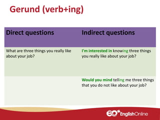 Gerund (verb+ing)
Direct questions Indirect questions
What are three things you really like
about your job?
I'm interested in knowing three things
you really like about your job?
Would you mind telling me three things
that you do not like about your job?
 