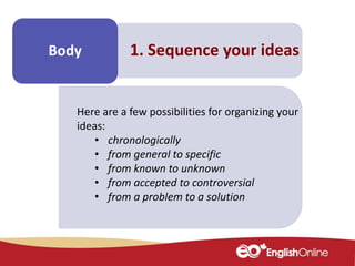 Make some
notes
Body 1. Sequence your ideas
Here are a few possibilities for organizing your
ideas:
• chronologically
• from general to specific
• from known to unknown
• from accepted to controversial
• from a problem to a solution
 