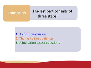Make some
notes
Conclusion The last part consists of
three steps:
1. A short conclusion
2. Thanks to the audience
3. A invitation to ask questions
 