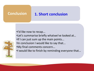 Make some
notes
Conclusion 1. Short conclusion
•I'd like now to recap...
•Let's summarise briefly whatwe've looked at…
•If I can just sum up the main points...
•In conclusion I would like to say that...
•My final comments concern...
•I would like to finish by reminding everyone that...
 