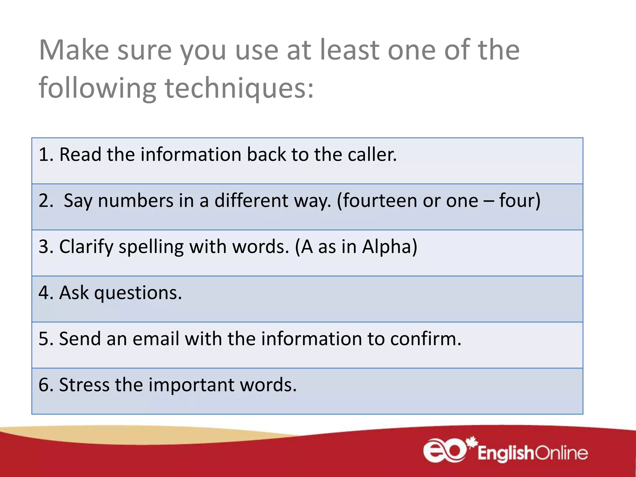 1. Read the information back to the caller.
2. Say numbers in a different way. (fourteen or one – four)
3. Clarify spelling with words. (A as in Alpha)
4. Ask questions.
5. Send an email with the information to confirm.
6. Stress the important words.
Make sure you use at least one of the
following techniques:
 