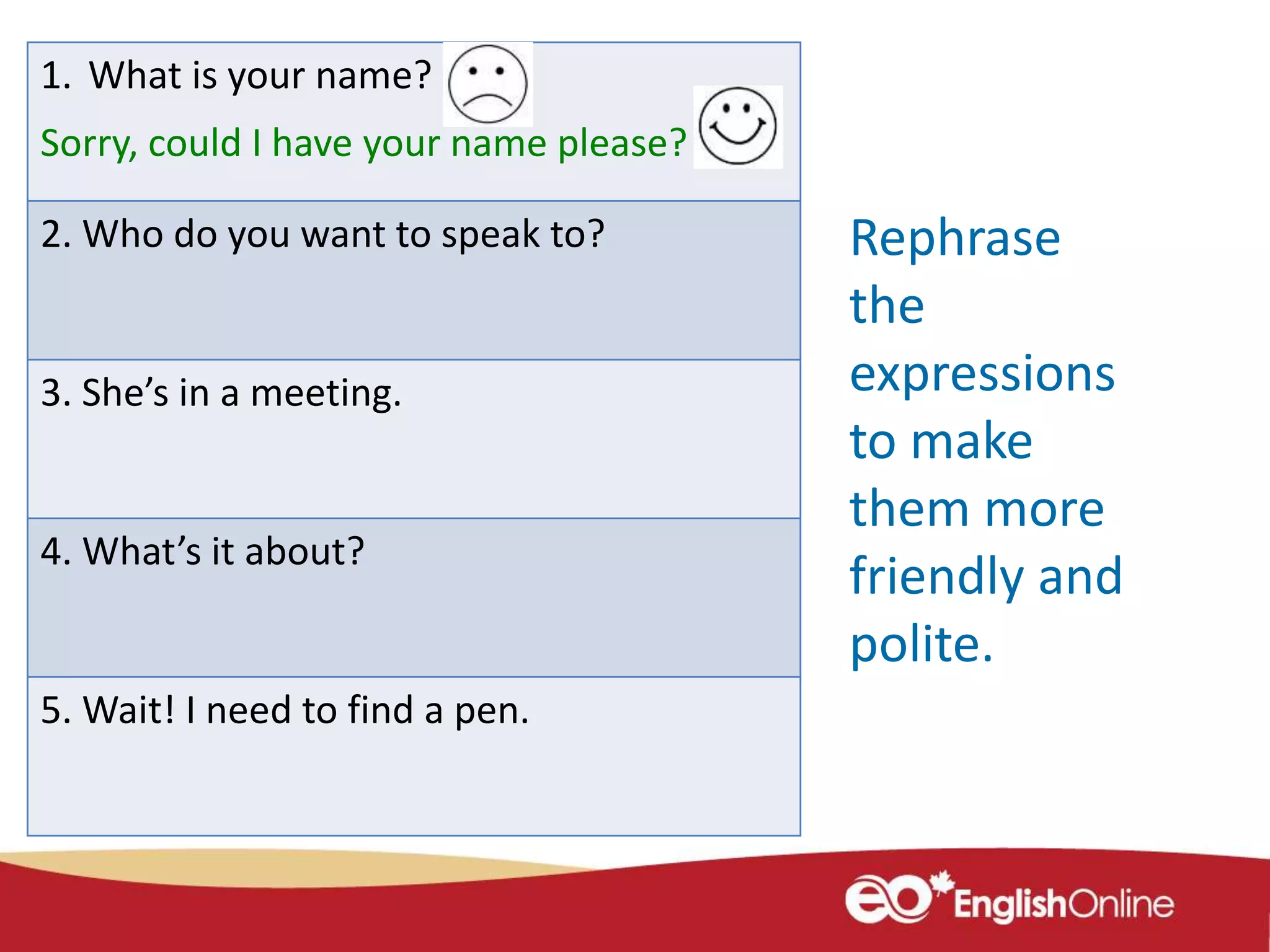 Rephrase
the
expressions
to make
them more
friendly and
polite.
1. What is your name?
Sorry, could I have your name please?
2. Who do you want to speak to?
3. She’s in a meeting.
4. What’s it about?
5. Wait! I need to find a pen.
 