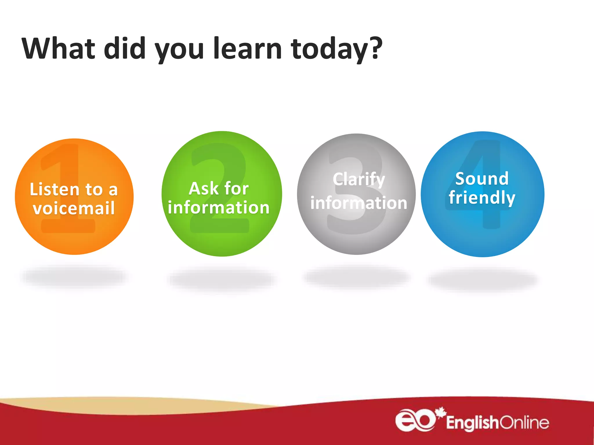 What did you learn today?
Listen to a
voicemail
Ask for
information
Clarify
information
Sound
friendly
 