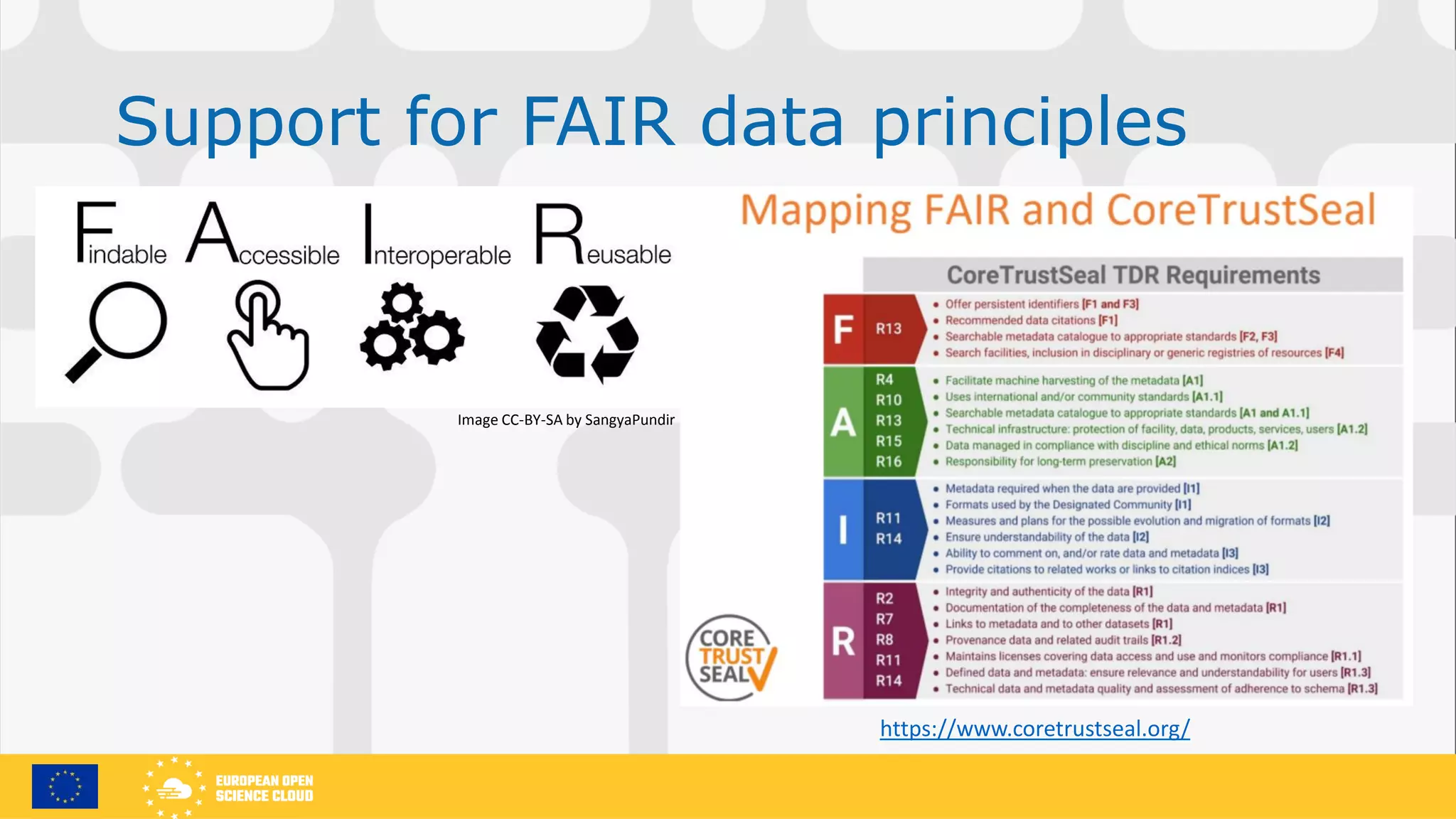 Support for FAIR data principles
https://www.coretrustseal.org/
Image CC-BY-SA by SangyaPundir
 