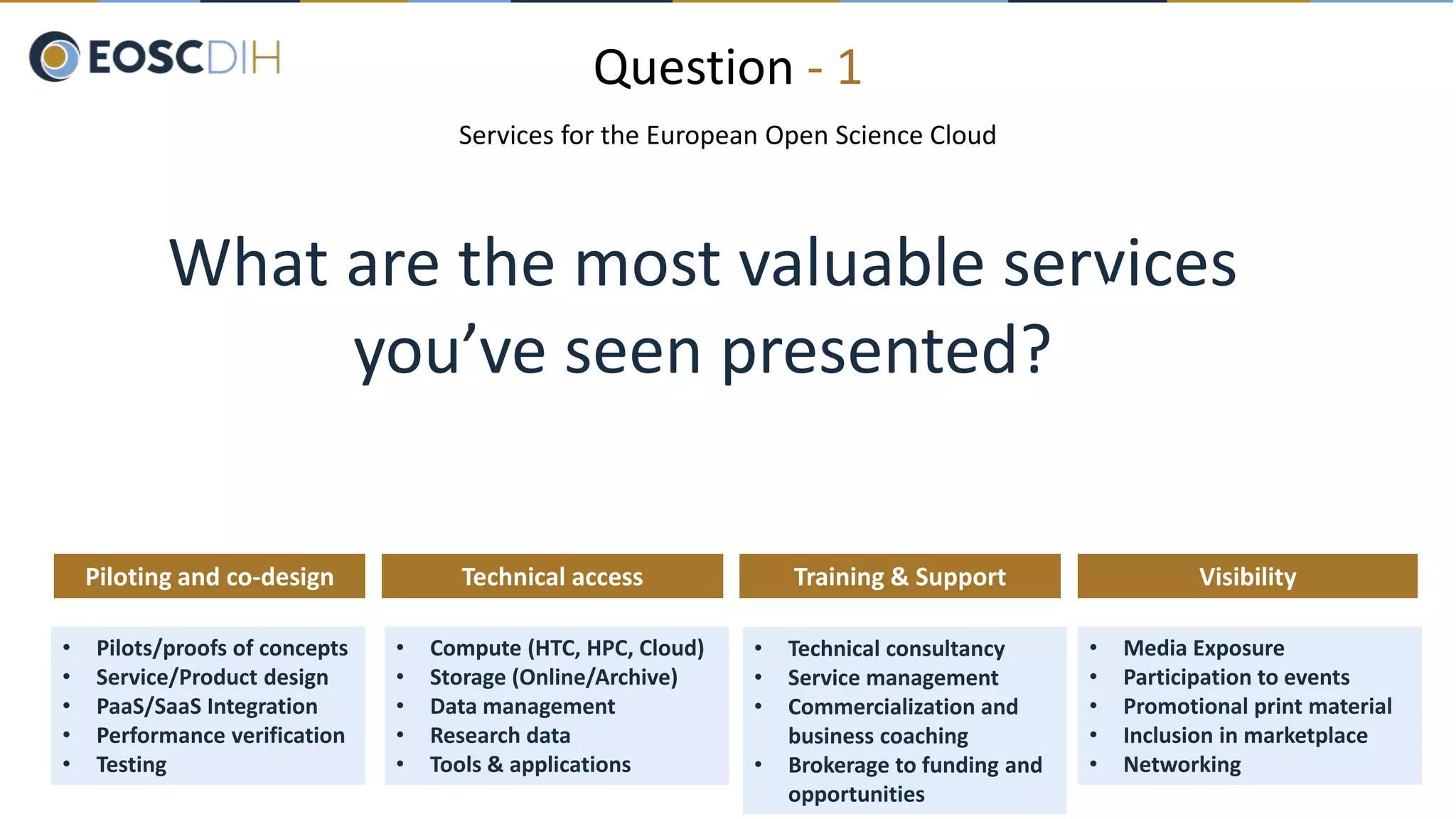 Question - 1
Services for the European Open Science Cloud
What are the most valuable services
you’ve seen presented?
• Pilots/proofs of concepts
• Service/Product design
• PaaS/SaaS Integration
• Performance verification
• Testing
Piloting and co-design
• Technical consultancy
• Service management
• Commercialization and
business coaching
• Brokerage to funding and
opportunities
Training & Support
• Compute (HTC, HPC, Cloud)
• Storage (Online/Archive)
• Data management
• Research data
• Tools & applications
Technical access
• Media Exposure
• Participation to events
• Promotional print material
• Inclusion in marketplace
• Networking
Visibility
 