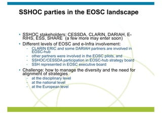 SSHOC parties in the EOSC landscape
• SSHOC stakeholders: CESSDA, CLARIN, DARIAH, E-
RIHS, ESS, SHARE (a few more may enter soon)
• Different levels of EOSC and e-Infra involvement:
CLARIN ERIC and some DARIAH partners are involved in
EOSC-hub
other partners were involved in the EOSC pilots, and
SSHOC/CESSDA participation in EOSC-hub strategy board
SSH represented in EOSC executive board
• Challenge: how to manage the diversity and the need for
alignment of strategies
at the disciplinary level
at the national level
at the European level
 