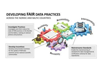 DEVELOPING FAIR DATA PRACTICES
ACROSS THE NORDIC AND BALTIC COUNTRIES
F
in da b ility
Accessib ility
Reu sa b ility
In tero p era b
ility
Investigate Practices
Investigate and inform about the
state of FAIR practices in the Nordics
and the Baltics, looking at national
policies and practices.
Mainstreame Standards
Enable the mainstreaming of
standards for data management &
certification schemas for data
repositories
Develop Incentives
Develop and promote incentives
for the uptake of FAIR data
practices across national scientific
communities
 