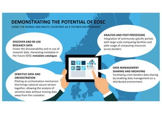 DATA MANAGEMENT
SHARING AND ARCHIVING
Facilitating cross-borders data sharing
by enabling data management on a
distributed environment.
DISCOVER AND RE-USE
RESEARCH DATA
Foster the discoverability and re-use of
research data. Harvesting metadata in
the future EOSC metadata catalogue.
ANALYSIS AND POST-PROCESSING
Integration of community specific portals
with large scale computing facilities and
pilot usage of computing resources
across borders
SENSITIVE DATA AND
ORCHESTRATION
Piloting an orchestration mechanism
that brings national secure servers
together, allowing the analysis of
sensitive data without moving data
away from the custodian.
DEMONSTRATING THE POTENTIAL OF EOSC
USING THE NORDIC AND BALTIC COUNTRIES AS A TESTBED ENVIRONMENT.
 