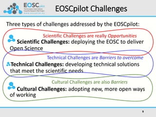 Technical Challenges: developing technical solutions
that meet the scientific needs
9
EOSCpilot Challenges
Scientific Challenges are really Opportunities
Technical Challenges are Barriers to overcome
Cultural Challenges are also Barriers
Scientific Challenges: deploying the EOSC to deliver
Open Science
Cultural Challenges: adopting new, more open ways
of working
Three types of challenges addressed by the EOSCpilot:
 