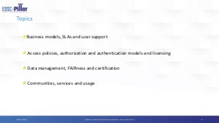 Topics
Business models, SLAs and user support
Access policies, authorization and authentication models and licensing
Data management, FAIRness and certification
Communities, services and usage
404/11/2019 Webinar EOSC-Pillar’s National Initiatives Survey for France
 