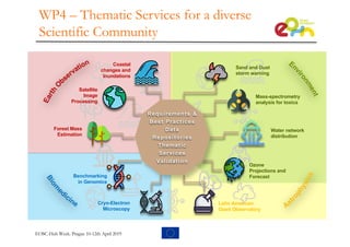 Coastal
changes and
Inundations
Satellite
Image
Processing
Forest Mass
Estimation
Benchmarking
in Genomics
Cryo-Electron
Microscopy
Latin American
Giant Observatory
Ozone
Projections and
Forecast
Water network
distribution
Mass-spectrometry
analysis for toxics
Sand and Dust
storm warning
Requirements &
Best Practices
Data
Repositories
Thematic
Services
Validation
WP4 – Thematic Services for a diverse
Scientific Community
EOSC-Hub Week. Prague 10-12th April 2019
 