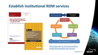 www.geant.org
www.geant.org
Establish institutional RDM services
http://www.dcc.ac.uk/resources/how-
guides/how-develop-rdm-services
 