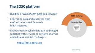 www.geant.org
The EOSC platform
• Building a “web of FAIR data and services”
• Federating data and resources from
eInfrastructure and Research
Infrastructures
• Environment in which data can be brought
together with services to perform analyses
and address societal challenges
https://eosc-portal.eu
 