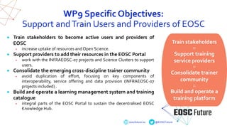 eoscfuture.eu @EOSCFuture
WP9 Specific Objectives:
Support andTrain Users and Providers of EOSC
 Train stakeholders to become active users and providers of
EOSC
 increase uptake of resources and Open Science.
 Support providers to add their resources in the EOSC Portal
 work with the INFRAEOSC-07 projects and Science Clusters to support
users.
 Consolidate the emerging cross-discipline trainer community
 avoid duplication of effort, focusing on key components of
interoperability, service offering and data provision (INFRAEOSC-07
projects included) .
 Build and operate a learning management system and training
catalogue
 integral parts of the EOSC Portal to sustain the decentralised EOSC
Knowledge Hub.
Train stakeholders
::
Support training
service providers
::
Consolidate trainer
community
::
Build and operate a
training platform
 