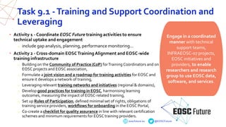eoscfuture.eu @EOSCFuture
Task 9.1 -Training and Support Coordination and
Leveraging
• Activity 1 - Coordinate EOSC Future training activities to ensure
technical uptake and engagement
o include gap analysis, planning, performance monitoring...
• Activity 2 - Cross-domain EOSCTraining Alignment and EOSC-wide
training infrastructure
o Building on the Community of Practice (CoP) forTraining Coordinators and on
EOSC projects and EOSC association,
o Formulate a joint vision and a roadmap for training activities for EOSC and
ensure it develops a network of training,
o Leveraging relevant training networks and initiatives (regional & domains),
o Develop good practices for training in EOSC, harmonising learning
outcomes, measuring the impact of EOSC-related training,
o Set up Rules of Participation, defined minimal set of rights, obligations of
training service providers, workflows for onboarding in the EOSC Portal,
o Co-create a checklist for quality assurance in line with relevant certification
schemes and minimum requirements for EOSC training providers.
Engage in a coordinated
manner with technical
support teams,
INFRAEOSC-07 projects,
EOSC initiatives and
providers, to enable
researchers and research
group to use EOSC data,
software, and services.
 
