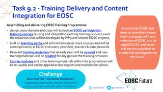 eoscfuture.eu @EOSCFuture
Task 9.2 -Training Delivery and Content
Integration for EOSC
Assembling and delivering EOSCTraining Programmes:
• design cross-domain and cross-infrastructure EOSC participation
training courses reusing and integrating existing training resources and
the resources that will be developed byWP9 and related EOSC projects,
• built on learning paths and will contain one or more courses and will be
aimed primarily at EOSC end-users, providers, trainers & data stewards.
• Relevant training materials that already exist will be re-used and new
training materials will be created for any gaps in the training provision.
• Course modules and other learning materials within the programmes will
be re-usable and can be applied across regions and multiple disciplines.
Ensure that EOSC end
users or providers knows
how to engage with and
make use of EOSC and to
upskill EOSC end-users
and service providers to
enable full participation in
the EOSC.
Challenge
DELIVERTHETRAINING ROADMAP
targeted programmes, aligned within the
project partners and with other initiatives…
 