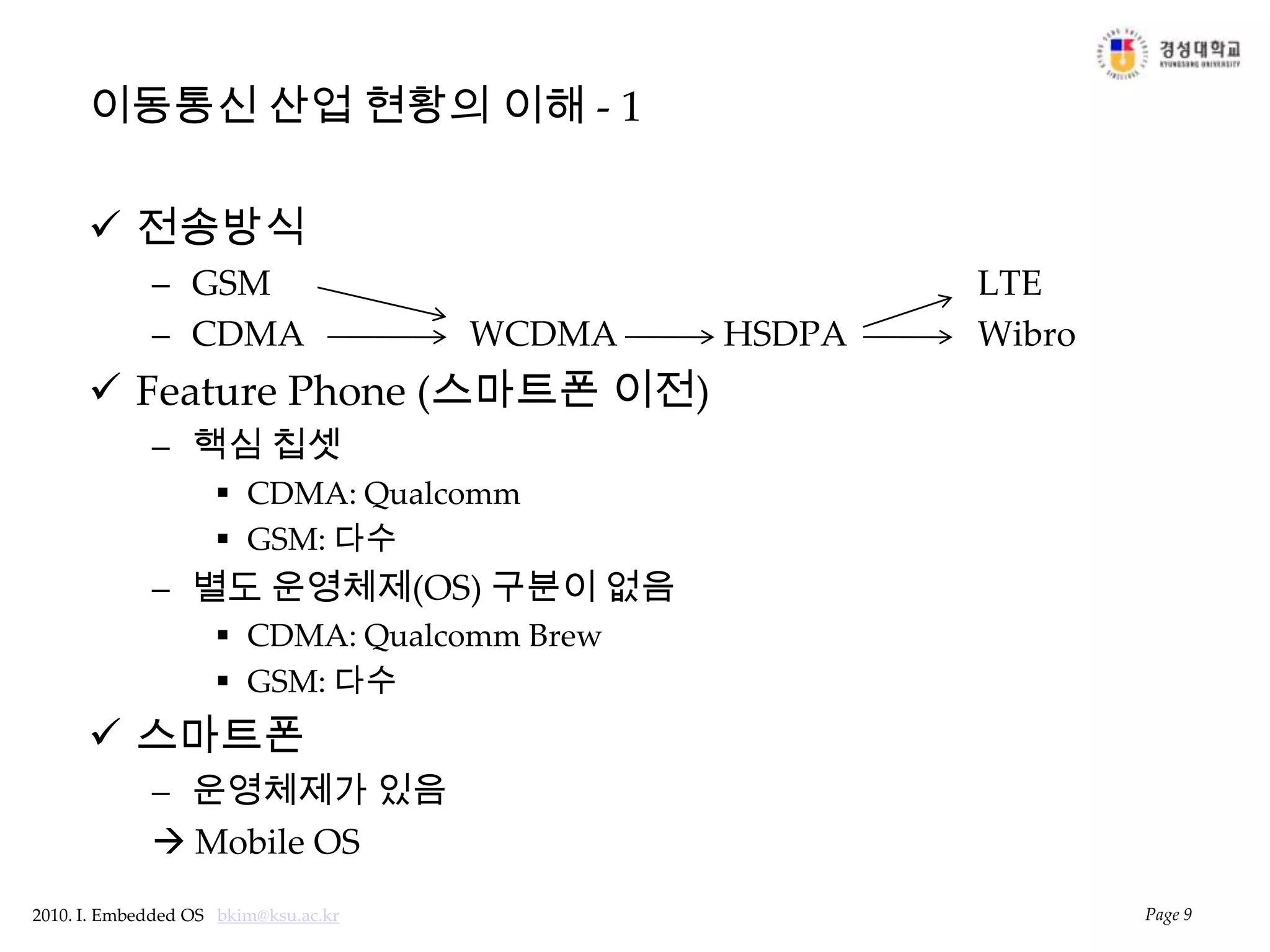 이동통신 산업 현황의 이해 - 1전송방식GSM						LTECDMA		WCDMA	HSDPA		WibroFeature Phone (스마트폰 이전)	핵심 칩셋CDMA: QualcommGSM: 다수별도 운영체제(OS) 구분이 없음CDMA: Qualcomm BrewGSM: 다수스마트폰운영체제가 있음 Mobile OSPage 9