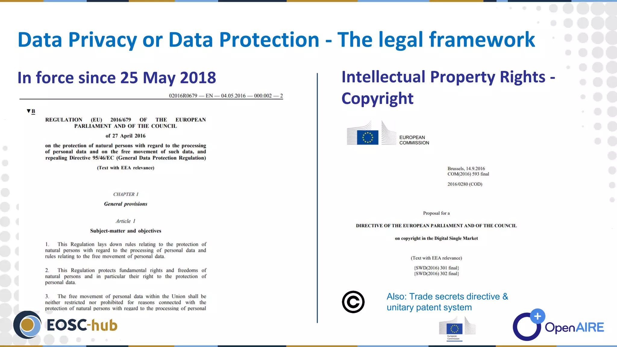 In force since 25 May 2018
Data Privacy or Data Protection - The legal framework
Intellectual Property Rights -
Copyright
Also: Trade secrets directive &
unitary patent system
 