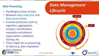 • Handling/curation of data
• Between data collection and
data preservation
• Involves processes such as:
ingestion, aggregation,
analysis, classification,
metadata enrichment,
organisation, validation,
storing, etc.
• There might be re-processing
of data (e.g. data migration)
• Data disposal
Data Management
Lifecycle
Data Processing
6th December 2018
 