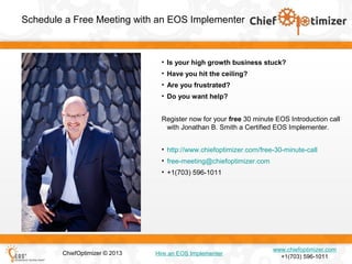 Schedule a Free Meeting with an EOS Implementer

• Is your high growth business stuck?
• Have you hit the ceiling?
• Are you frustrated?
• Do you want help?
Register now for your free 30 minute EOS Introduction call
with Jonathan B. Smith a Certified EOS Implementer.
• http://www.chiefoptimizer.com/free-30-minute-call
• free-meeting@chiefoptimizer.com
• +1(703) 596-1011

ChiefOptimizer © 2013

Hire an EOS Implementer

www.chiefoptimizer.com
+1(703) 596-1011

 