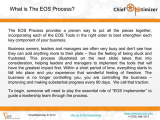 What is The EOS Process?

The EOS Process provides a proven way to put all the pieces together,
incorporating each of the EOS Tools in the right order to best strengthen each
key component of your business.
Business owners, leaders and managers are often very busy and don’t see how
they can add anything more to their plate – thus the feeling of being stuck and
frustrated. This process (illustrated on the next slide) takes that into
consideration, helping leaders and managers to implement the tools that will
have the greatest impact first. Within a short period of time, everything starts to
fall into place and you experience that wonderful feeling of freedom. The
business is no longer controlling you, you are controlling the business –
improving and making substantial progress every 90 days. We call that traction.
To begin, someone will need to play the essential role of “EOS Implementer” to
guide a leadership team through the process.

ChiefOptimizer © 2013

Hire an EOS Implementer

www.chiefoptimizer.com
+1(703) 596-1011

 