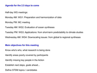 Agenda for the 2.5 days to come
Half-day WG meetings:
Monday AM: WG1: Preparation and harmonization of data
Monday PM: MC ...