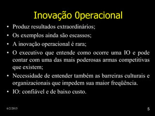 6/2/2015 5
Inovação 0peracional
• Produz resultados extraordinários;
• Os exemplos ainda são escassos;
• A inovação operacional é rara;
• O executivo que entende como ocorre uma IO e pode
contar com uma das mais poderosas armas competitivas
que existem;
• Necessidade de entender também as barreiras culturais e
organizacionais que impedem sua maior freqüência.
• IO: confiável e de baixo custo.
 