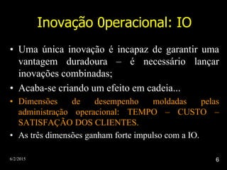6/2/2015 6
Inovação 0peracional: IO
• Uma única inovação é incapaz de garantir uma
vantagem duradoura – é necessário lançar
inovações combinadas;
• Acaba-se criando um efeito em cadeia...
• Dimensões de desempenho moldadas pelas
administração operacional: TEMPO – CUSTO –
SATISFAÇÃO DOS CLIENTES.
• As três dimensões ganham forte impulso com a IO.
 