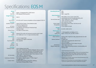 Specifications: EOS M
  Sensor                                                                                             Recording formats          JPEG
	Type                          Approx. 18 Megapixel APS-C CMOS Sensor                                                           RAW
	Cleaning                      EOS integrated cleaning system                                                                   RAW + Large JPEG
 Image Processor                                                                                  Movie Shooting
	Type                          DIGIC 5                                                    	Type                                 MOV (Video: H.264, Sound: Linear PCM,
                                                                                          	                                     recording level can be manually adjusted by user)
                    Lens                                                                       Size and frame rate              1920 x 1080 (29.97, 25, 23.976 fps)
              Lens Mount       EF-M (EF and EF-S lenses compatible via Mount adapter EF-EOS M)
                                                                                          	                                     1280 x 720 (59.94, 50 fps)
               Focusing                                                                                                         640 x 480 (30, 25 fps)
        Autofocus System       Hybrid CMOS AF System. Phase detection pixels                   	 Movie Length                   Max duration 29min 59sec, Max file size 4GB
                               built onto imaging sensor                                       	Microphone                      Built in Stereo
                  AF Points    31 AF points (Maximum)                                                                           3.5mm Stereo mini jack
         AF point selection    Face detection and Tracking AF, FlexiZone-Multi,                 Storage
                               FlexiZone-Single                                                	Type                            SD, SDHC, SDXC (UHS-I)
            Manual Focus       Yes, Select in camera menu                                                Power source
 Shutter                                                                                      	Battery                          1 x Rechargeable Li-ion Battery LP-E12
	Type                          Electronic first curtain and mechanical second curtain shutter 	             Battery life        Approx. 230 (at 23°C, AE 50%, FE 50%) (4)
	Speed                         30-1/4000 sec (1/2 or 1/3 stop increments), Bulb                 Physical Specifications
   LCD Monitor                                                                                 	          Body materials        Stainless Steel, magnesium alloy, polycarbonate resin with
	Size                          7.7cm 3:2 Aspect Ratio                                          	                                glass fibre
	Type                          ClearView LCD II approx 1040K dots                              	       External Interface       Hi-Speed USB
 Touch Sensitive               Yes, Capacitive                                                                                  Video output (integrated with USB terminal)
    Flash                                                                                                                       HDMI mini output
	Built-in                      No                                                              	                                External microphone (3.5mm Stereo mini jack)
 Hot Shoe                      Yes                                                                         Dimensions           108.6 x 66.5 x 32.3 mm
                                                                                               	     Weight (body only)         Approx. 298g (CIPA testing standard, including battery and
                Shooting                                                                                                        memory card)
          Shooting modes       Scene Intelligent Auto mode
                               Stills mode: Creative Auto, Portrait, Landscape, Close-up, Sports,                           1
                                                                                                                                Large/Fine(Quality 8) resolution
                               Night Portrait, Handheld Night Scene, HDR Backlight Control,
                               Program AE, Shutter priority AE, Aperture priority AE, Manual
                                                                                                                            2
                                                                                                                                B
                                                                                                                                 ased on Canon’s testing conditions, JPEG, ISO 100, Standard Picture
                               Movies mode: Auto exposure mode, Manual exposure mode                                            Style. Varies depending on the subject, memory card brand and
                                                                                                                                capacity, image recording quality, ISO speed, drive mode, Picture
            ISO Sensitivity    100-12800 in 1-stop increments                                                                   Style, Custom functions etc.			
                               ISO can be expandable to H: 25600)                                                           3
                                                                                                                                M
                                                                                                                                 aximum fps and buffer capacity may be reduced depending on the
      Continuous Shooting      Max. Approx. 4.3fps for approx. 17 JPEG images (1),
                                                                                                                                cameras settings and light level
                               6 images RAW (2) (3)                                                                         4
                                                                                                                                B
                                                                                                                                 ased on the CIPA Standard and using the batteries and memory
            Creative Filters   Art Bold, Water painting, Grainy B/W, Soft focus,
                                                                                                                                card format supplied with the camera, except where indicated	
                               Toy Camera, Miniature effect, Fisheye                                                            		

                                                                                                                                For more detailed specifications, please visit canon-europe.com/eos_m	   27
                                                                                                                                	
 