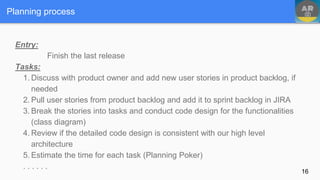 Entry:
Finish the last release
Tasks:
1. Discuss with product owner and add new user stories in product backlog, if
needed
2. Pull user stories from product backlog and add it to sprint backlog in JIRA
3. Break the stories into tasks and conduct code design for the functionalities
(class diagram)
4. Review if the detailed code design is consistent with our high level
architecture
5. Estimate the time for each task (Planning Poker)
. . . . . .
Planning process
16
 