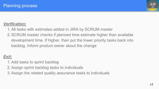 Verification:
1. All tasks with estimates added in JIRA by SCRUM master
2. SCRUM master checks if planned time estimate higher than available
development time. If higher, then put the lower priority tasks back into
backlog. Inform product owner about the change
Exit:
1. Add tasks to sprint backlog
2. Assign sprint backlog tasks to individuals
3. Assign the related quality assurance tasks to individuals
Planning process
17
 